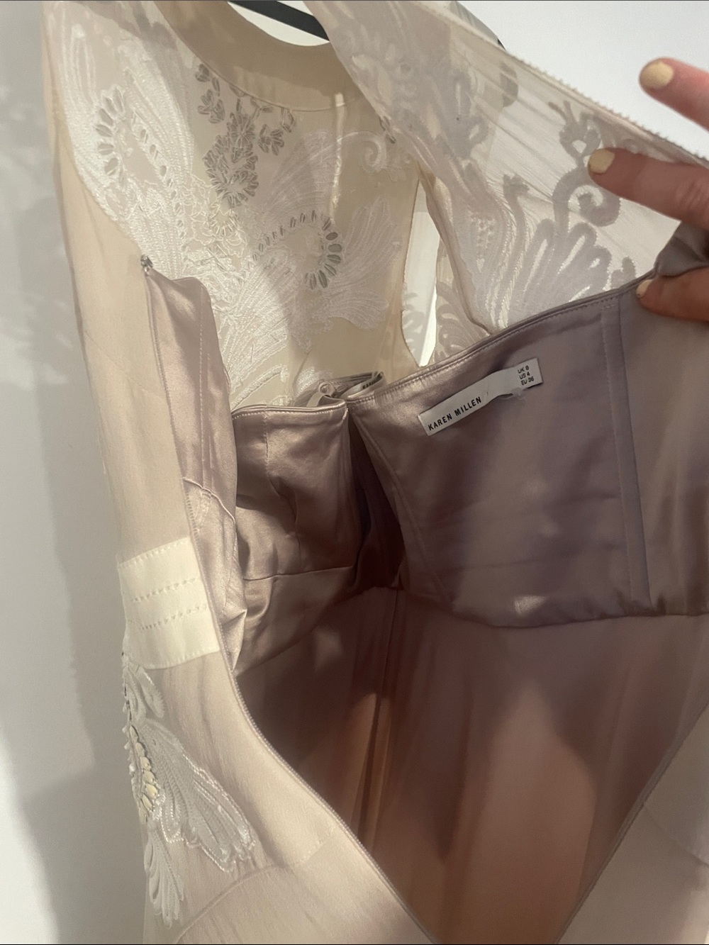 Karen Millen Beige Silk Maxi Dress with White Lace & Bead Accent B133 - Picture 7 of 9